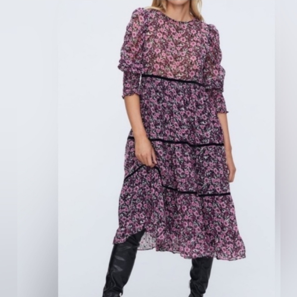 Zara Pink and Black Floral Long Sleeve Dress